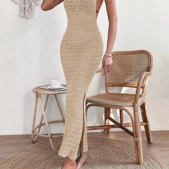 Apricot Casual Womens Hollow Out Split Thigh Cover Up Dress Without Bikini - Picture 3 of 5